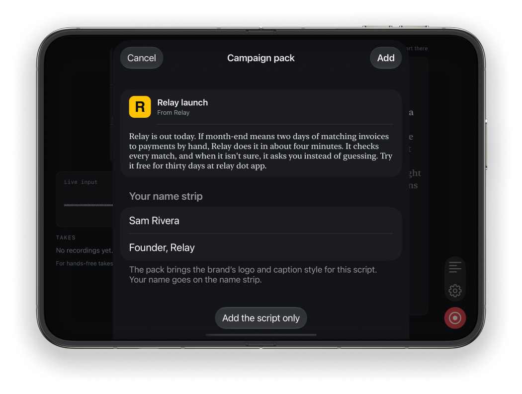 A shared script with brand logo and caption preview