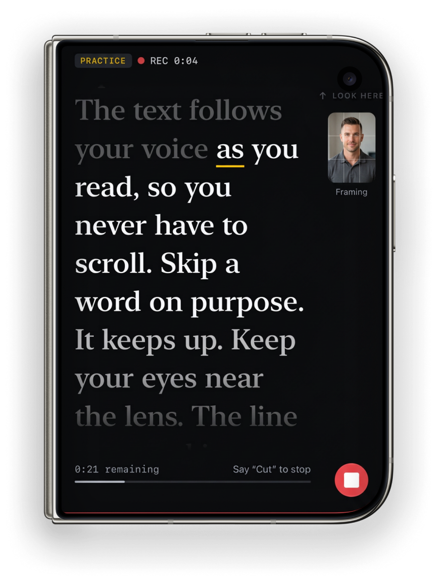 iPhone Duo showing a script with the spoken line highlighted in amber
