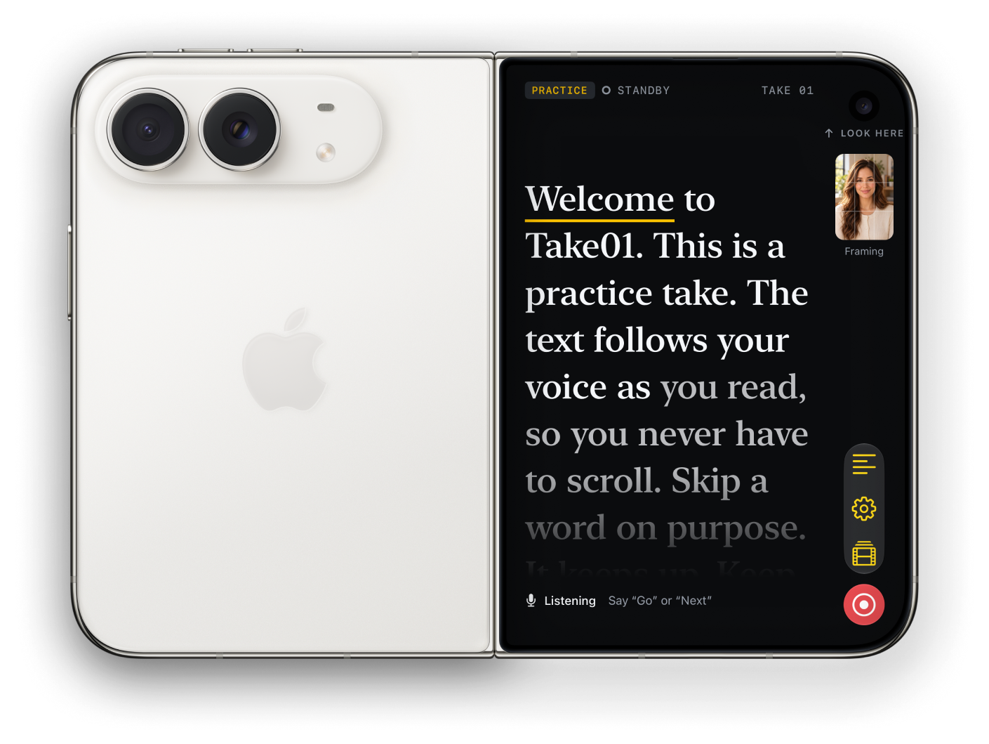 iPhone Duo open, showing Take01's script and live camera preview